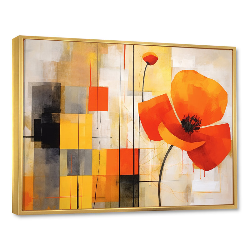 «Bold orange cubic Flowers», art mural abstrait géométrique, Cadre flottant doré, H 34 po x l 44 po x P 1,5 po