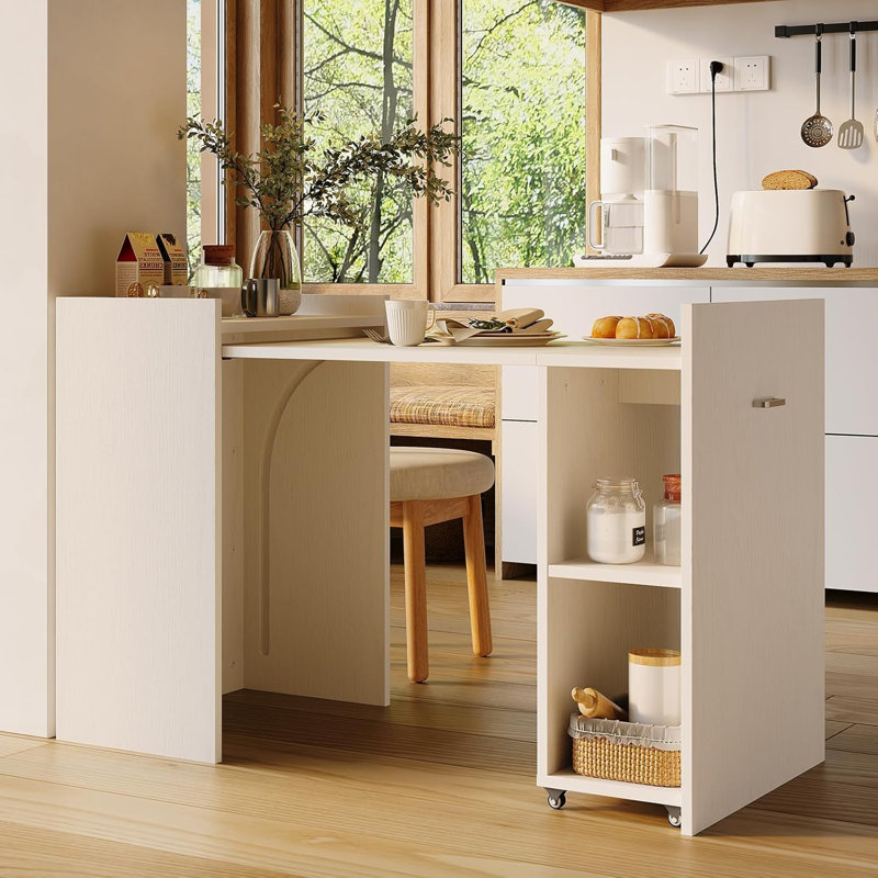50" Foldable White Desk with Storage Shelves & Wheels, Engineered Wood