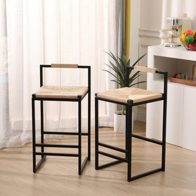 Ensemble de 2 tabourets de bar avec dossier en corde de papier tissé à hauteur de comptoir pour la cuisine et la maison