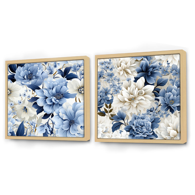 Motif floral victorien bleu et blanc - ensemble de 2 collages floraux carrés, H 16 po x l 33 po, Cadre flottant brun