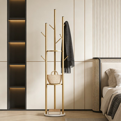 Modern Freestanding Coat Rack With Double Shelves And 9 Hooks, Sturdy Metal And Marble Hall Tree For Hanging Coats, Hats, Bags, And Scarves