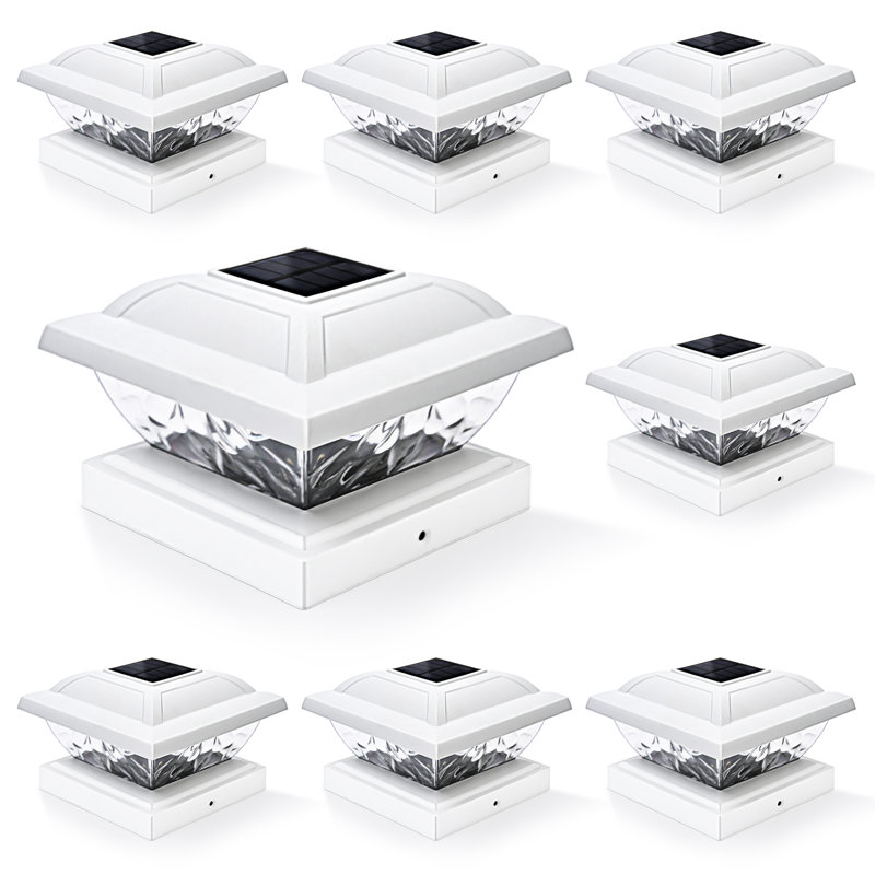 White Solar Powered Integrated LED Fence Post Cap Light 3.5 In. X 3.5 In. with Base Adapter Included Pack, Cool White