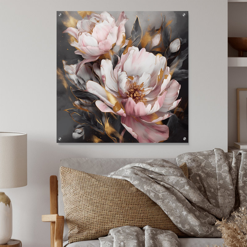 Rose et gris pivoines élégance II - pivoines, art mural acrylique moderne, H 16 po x l 16 po