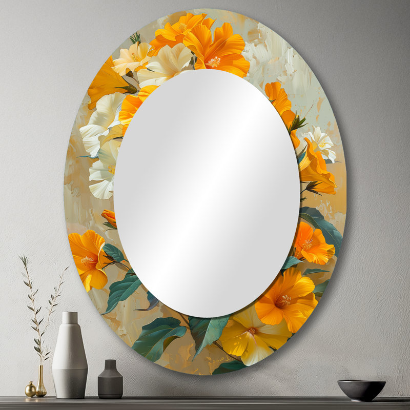 Vibrant Garden Orange White Morning Glory I - Miroir décoratif floral ovale sur métal, 43 po x 33 po