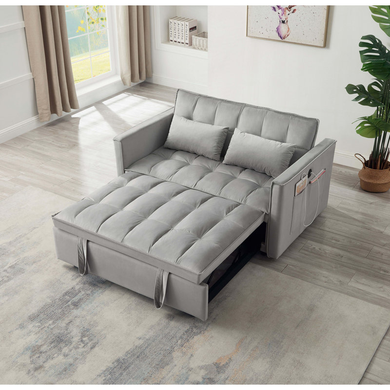 Canapé-lit avec port USB, coussins et poche latérale, Velours gris clair