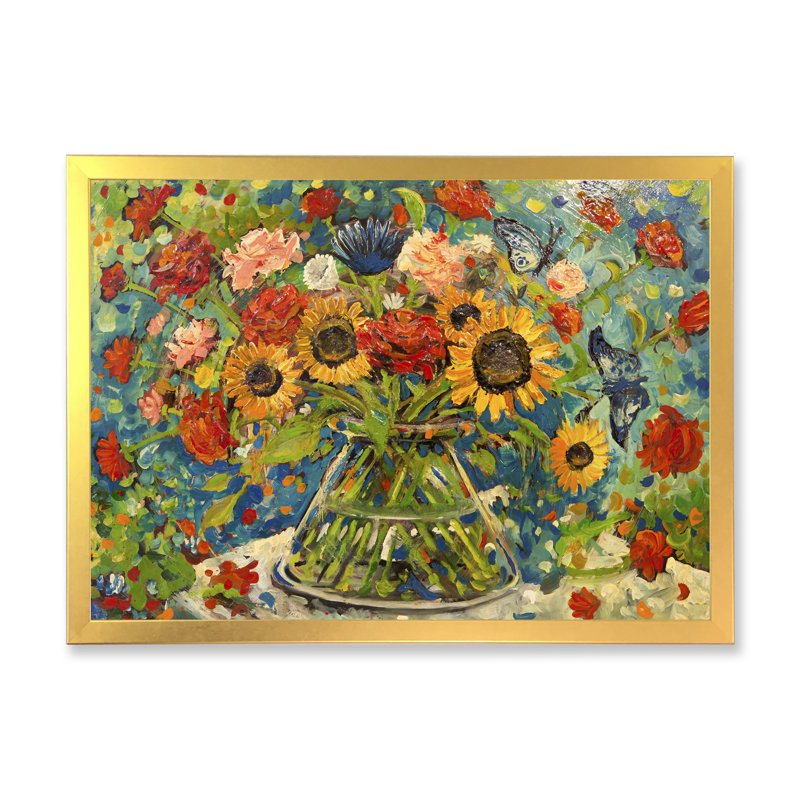 Bright Bright Sunflowers - Peinture sur toile encadrée, Cadre photo doré, H 16 po x l 32 po x P 1,5 po