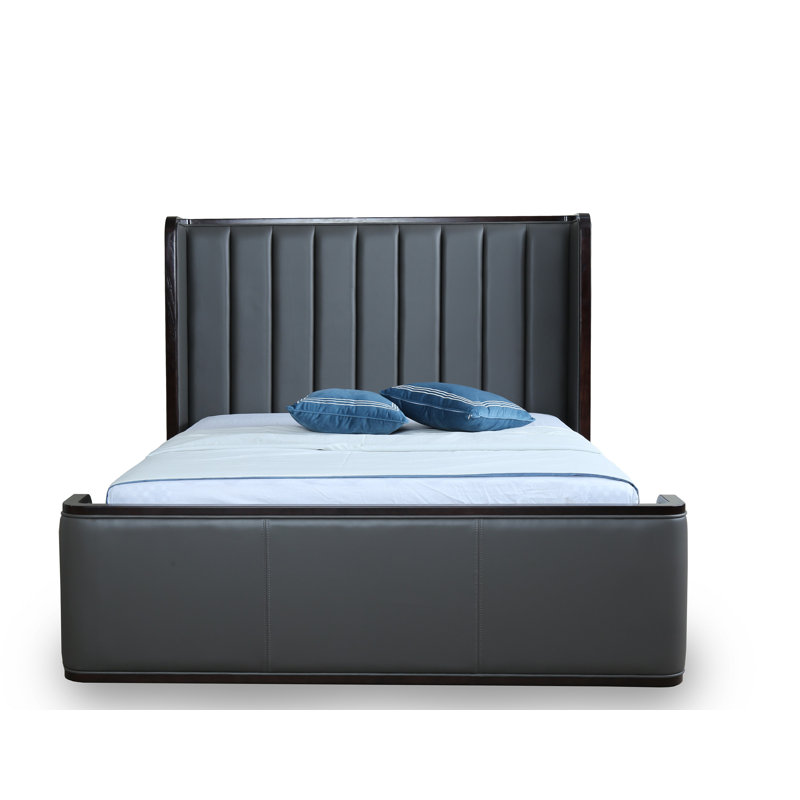 Kingdom Modern Vegan Leather Upholstered Low Profile Ash Wood Platform Bed in Graphite, Full, Graphite