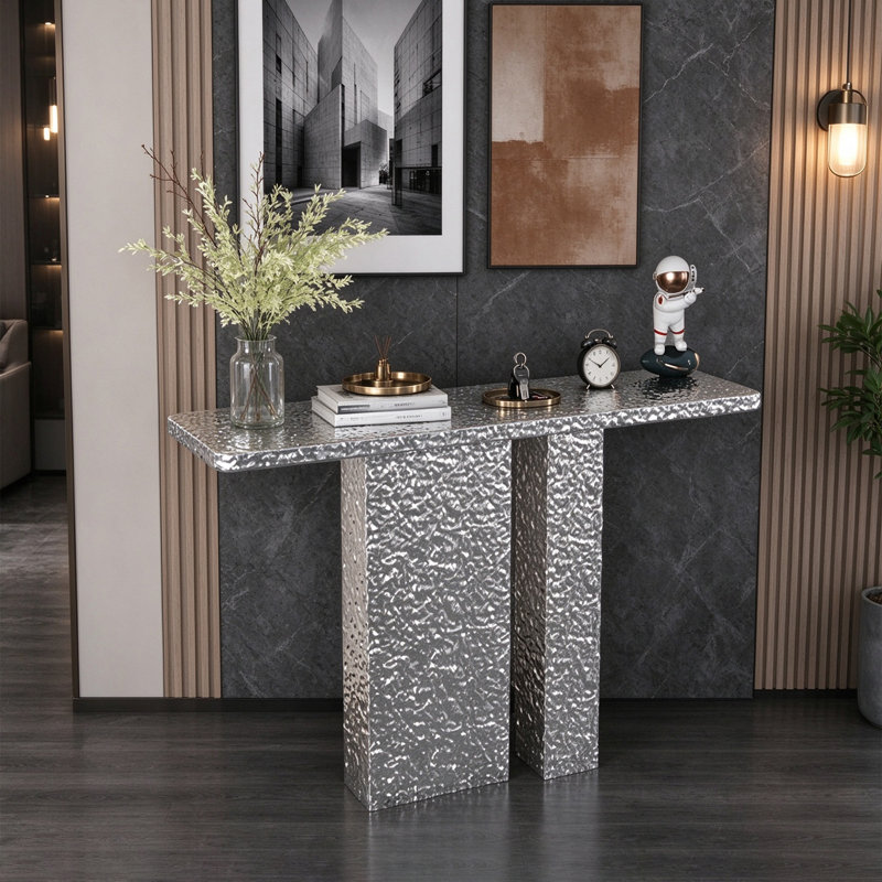 Modern Stainless Steel Water Ripple Console Table, 34.65" H x 39.37" W x 15.75" D