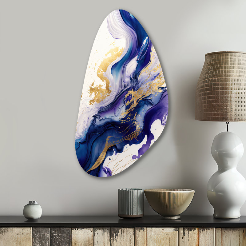 «Blue and Gold Splash», reproduction d'art asymétrique en spirale abstraite, art mural en métal de forme irrégulière bleue