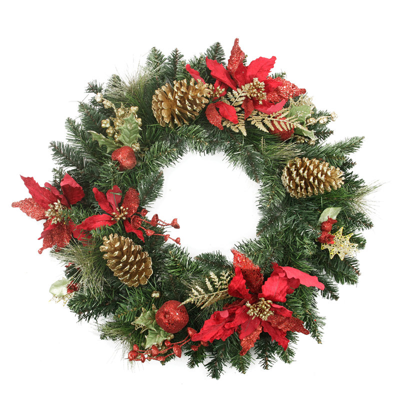 Couronne de Noël artificielle 24 po pré-décorée avec poinsettia rouge et pomme de pin dorée - non éclairée