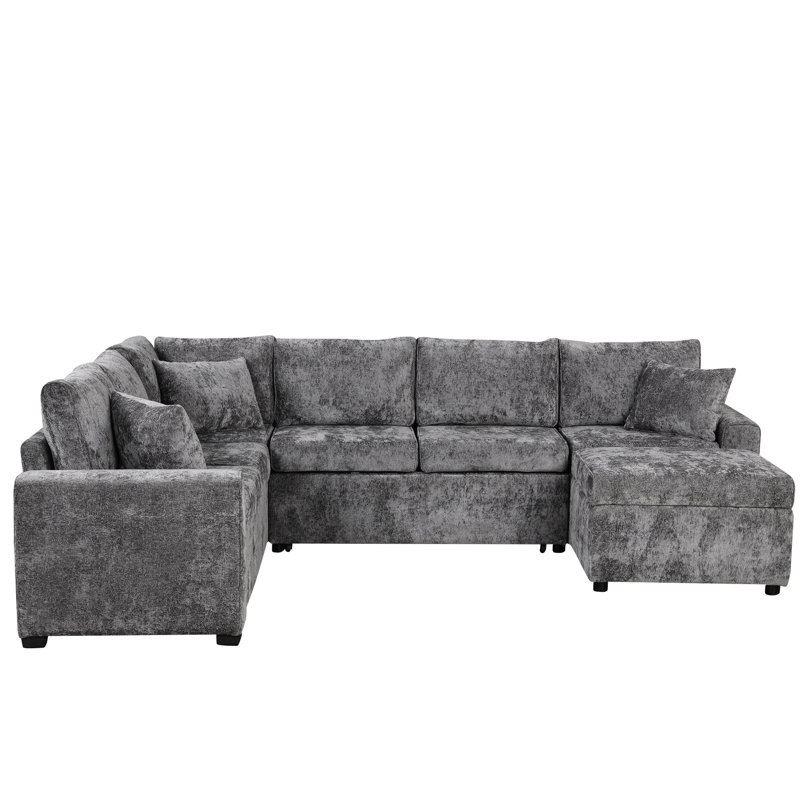 112.2" Sectional In Grey With Pull-Out Bed, Movable & Charging Capacity , 3 Pillows Points For Living Room, Gray Fabric