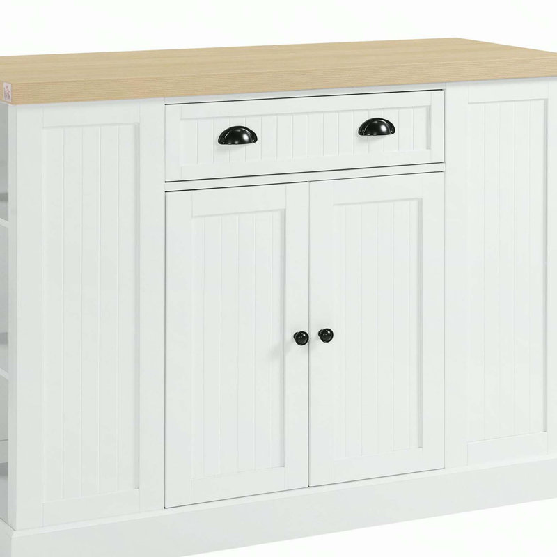 Îlot de cuisine 47 po en bois de style cannelé, armoire de rangement de comptoir avec rallonge, tiroir, tablettes ouvertes, rangement, blanc