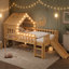 Lit mezzanine simple avec glissade, lit maisonnette avec motifs en forme d'étoile et fenêtre, design chic avec lumières DEL, pas de sommier tapissier nécessaire, naturel