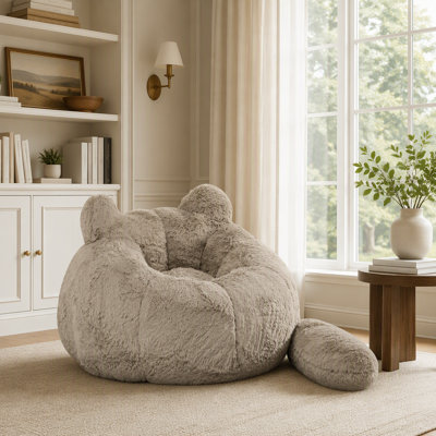Pouf en forme de chat en fausse fourrure pelucheuse avec coussin de queue amovible pour une lecture et une détente confortables