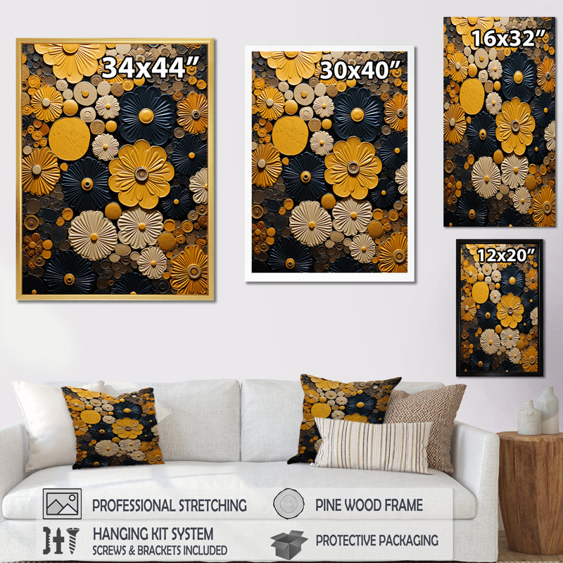 Fleurs jaunes, poterie sur toile, Toile tendue, H 40 po x l 30 po x P 1,5 po
