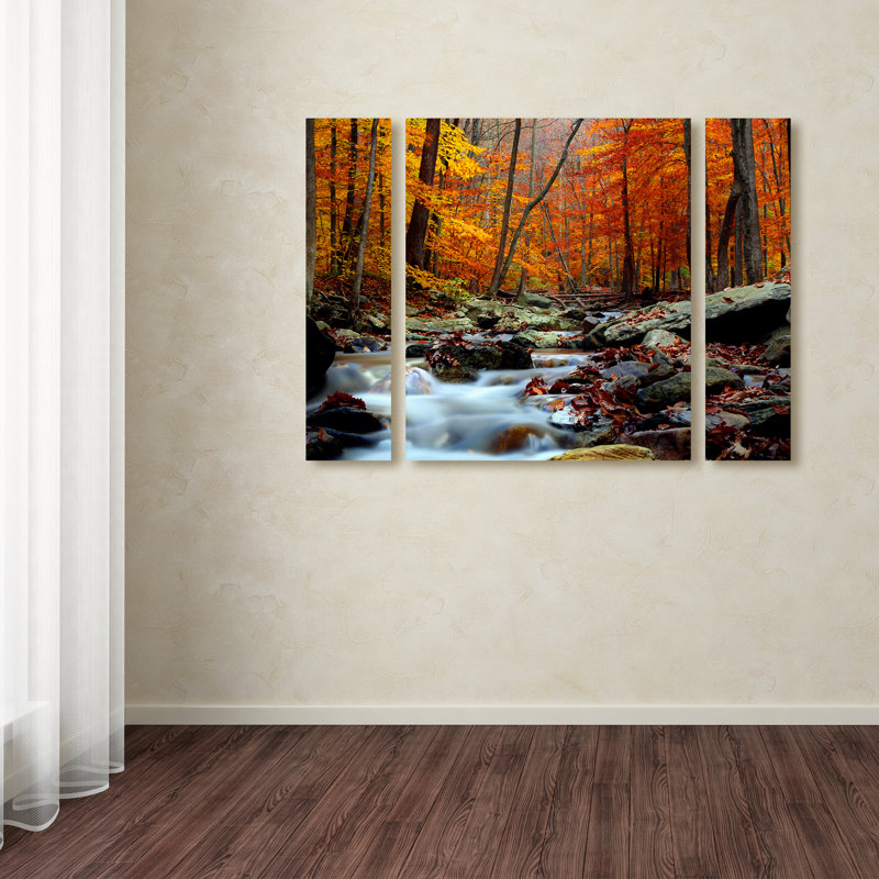 Autumn Stream Scenic Three Panel Framed Canvas Art