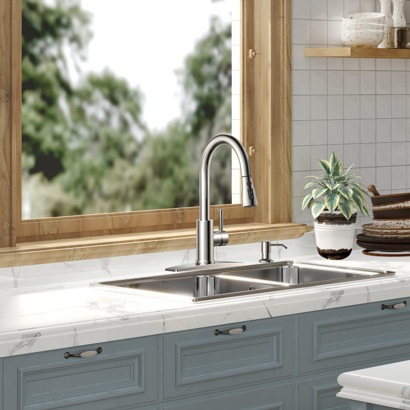 FURUISI Pull Down Single Handle Kitchen Faucet with Soap Dispenser, Chrome
