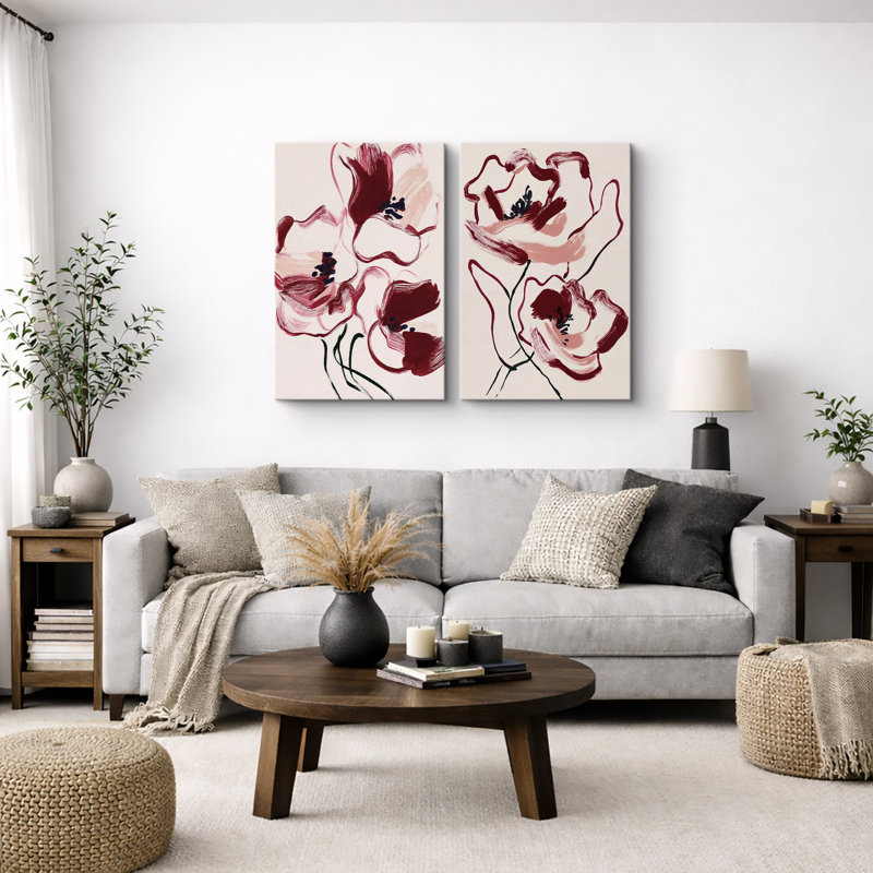 Art floral rouge, images de salon, impression sur toile encadrée, 2 pièces, H 24 po x l 32 po x P 1,5 po, Toile tendue