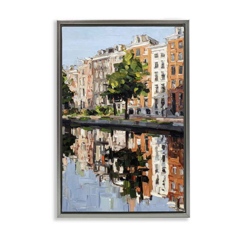 Waterside Apartments on Canal Floating Frame, design by Petal Prints Design, 31 x 21, Cadre flottant gris lustré