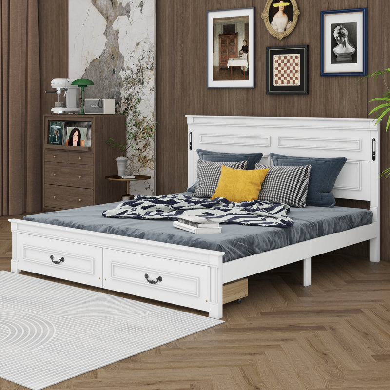 Base de lit plateforme avec 2 tiroirs de rangement, lumières DEL intégrées et station de charge USB, Blanc