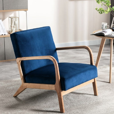 Fauteuil d'appoint Mid-Century moderne en velours bleu avec rembourrage et conception ouverte pour le confort du salon, 25,5 po de largeur, 28,38 po de hauteur, une chambre à coucher ou une pièce avec mousse et toute la quincaillerie est incluse.