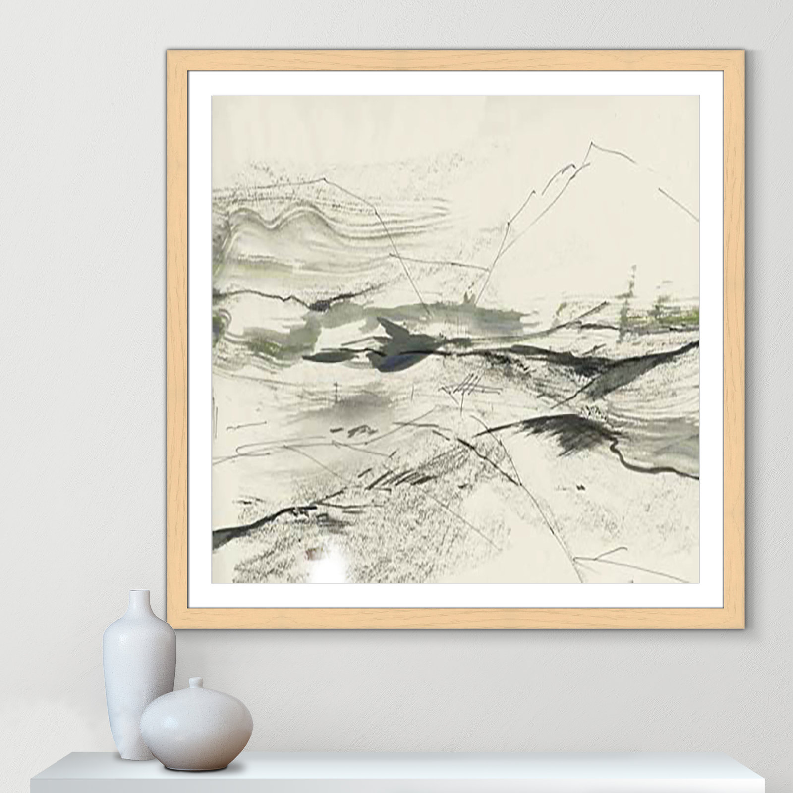 Green Sketches, Natural Cube Framed, 42.5" H x 42.5" W x 1.25" D