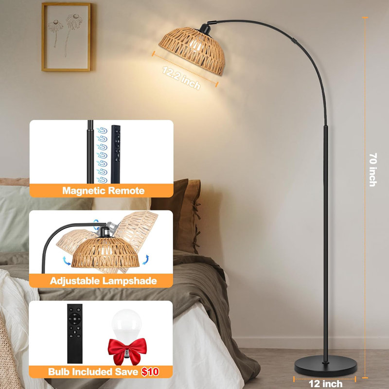 Lampe sur pied Boho Bronze avec abat-jour réglable en rotin, télécommande et gradateur