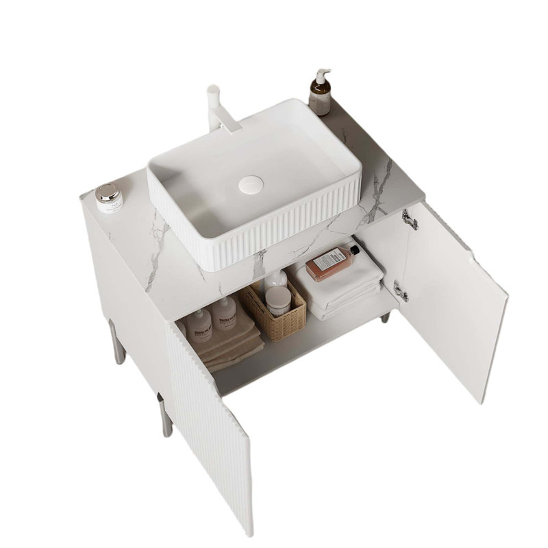 Meuble-lavabo autoportant de 30 po avec 2 portes, lavabo en céramique et comptoir Carrara, Gris