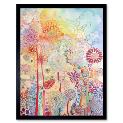 Lace Pattern Flowers Multicoloured Folk Art Watercolour Painting Artwork Framed Wall Art Print 9X7 Inch
