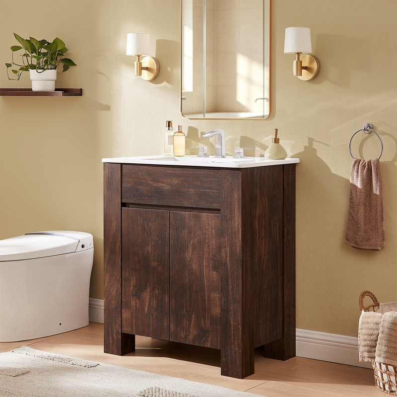 Meuble-lavabo simple de 76 cm (30 po), meuble-lavabo moderne avec rangement, Noyer foncé