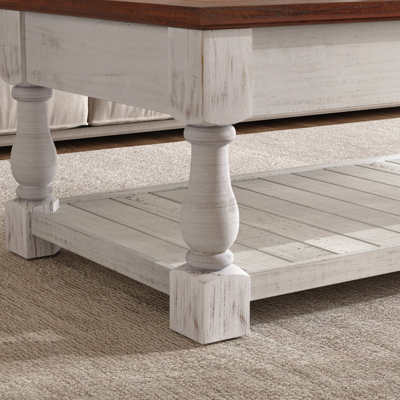 Table basse à plateau relevable Farmhouse, Blanc ancien, Espresso antique