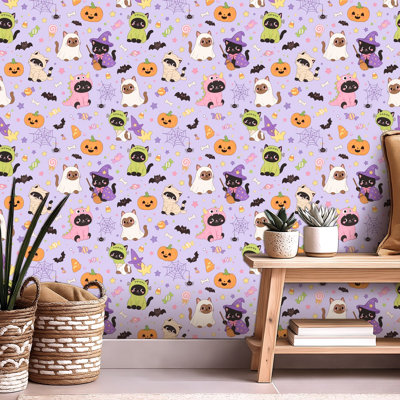 Peel and Stick Wallpaper Contact Paper Cute Halloween Cats Costumes Spooky Decorations Purple Self Adhesive and Removable 24in x 118in(60x300cm)