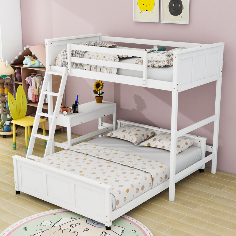 Lit superposé en bois avec bureau d'étude intégré et tiroirs de rangement, Simple, Blanc