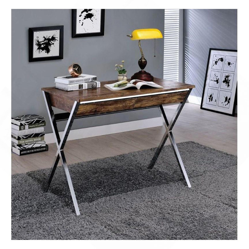 Bureau d'écriture rectangulaire avec 2 tiroirs, chêne vieilli et chrome