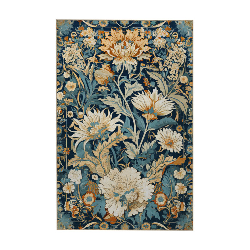 Tapis décoratif moderne à motif de fleurs de pivoines crème Paris, Rectangle 4 pi 7,12 po x 6 pi 6,74 po