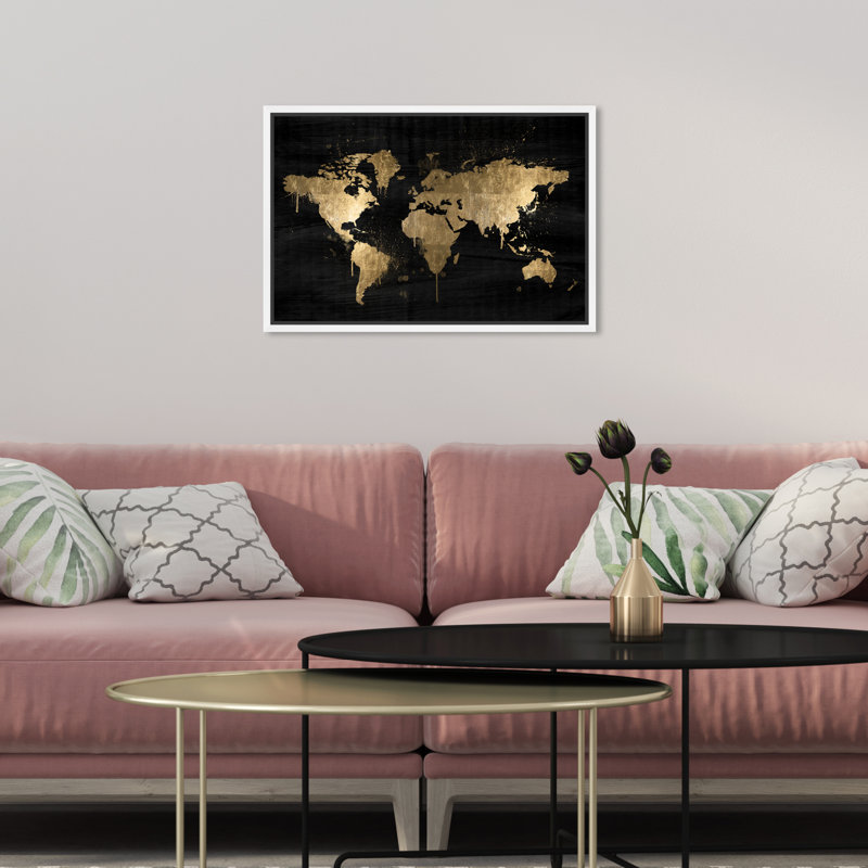 «Mapamundi Gold», reproduction d'impression sur toile, Cadre blanc, H 45 po x l 30 po