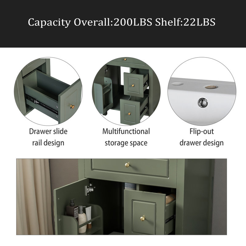 Meuble-lavabo de 24 pouces avec lavabo en céramique, 1 porte à fermeture en douceur, 2 tiroirs à fermeture en douceur et 2 supports de rangement sur la porte