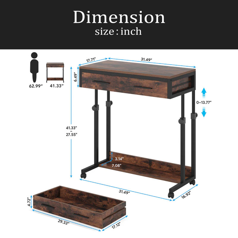 Table de bureau, bureau compact avec roues, bureau d'écriture à hauteur réglable, table basse mobile