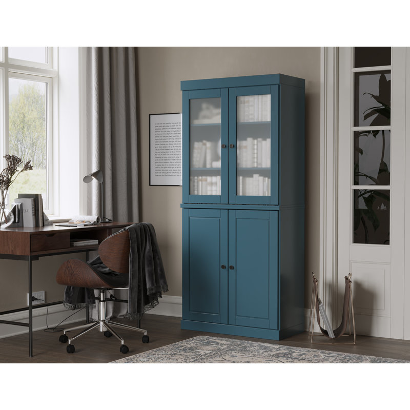 Vananh 100% Solid Wood 6-Shelf Bookcase with Solid, Frosted Glass Doors and Adjustable Shelves, Teal Blue