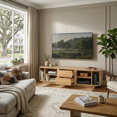 71" Wide Mid-Century Modern TV Stand With Fluted Sliding Doors And 2 Drawers For Tvs Up To 70"