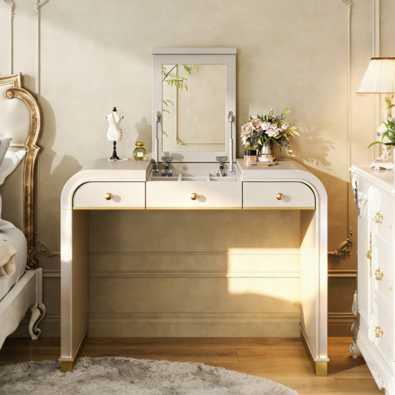 Bureau de coiffeuse classique en bois avec miroir rabattable, coiffeuse 3 en 1 avec 2 tiroirs et espace de rangement pour la chambre à coucher