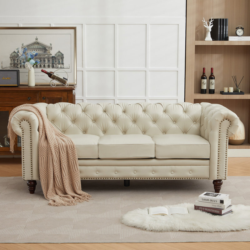 84.25'' Faux Leather Sofa With Rolled Arm, Beige