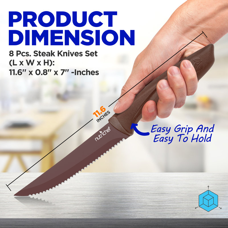 NutriChef 8-Piece Brown Stainless Steel Steak Knife Set