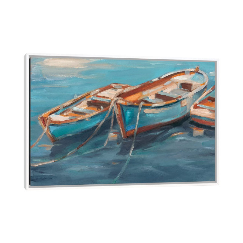 "Tefus Row boats I" par Ethan Harper, reproduction d’art, H 26 po x l 40 po x 1,5 po, Toile blanche encadrée, Pas de tapis