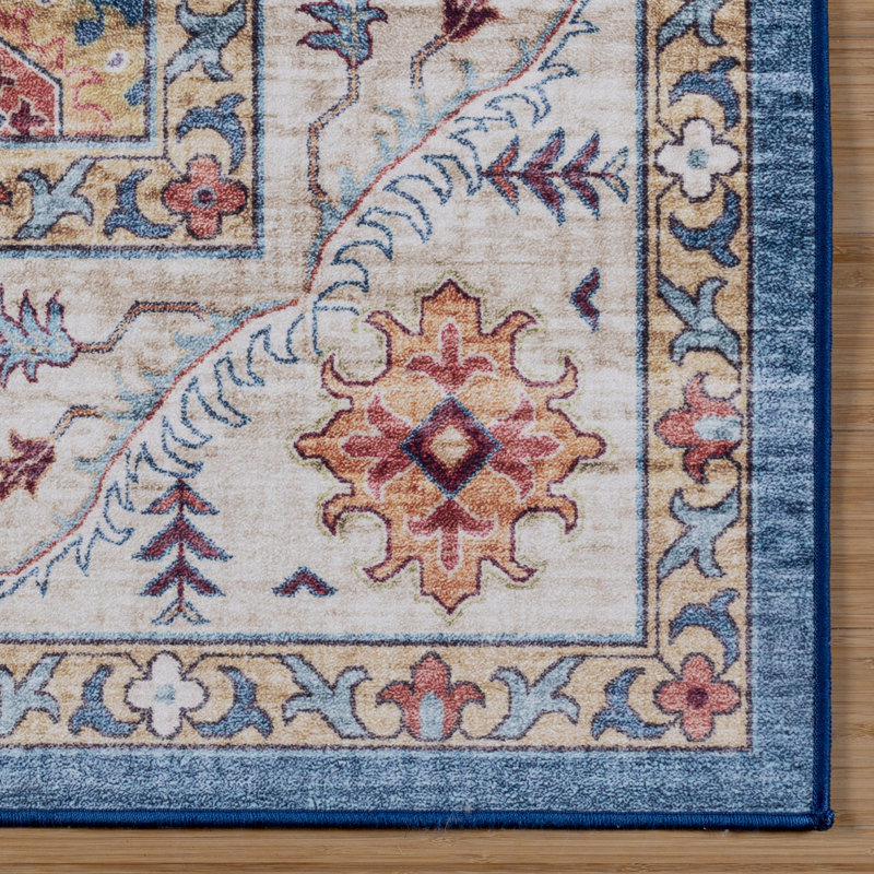 Samira Cullen Machine Washable Floral Border Navy Blue Beige Multi Indoor Area Rug, Transitional Flat Pile for Living Room & Bedroom - Blue/Tan