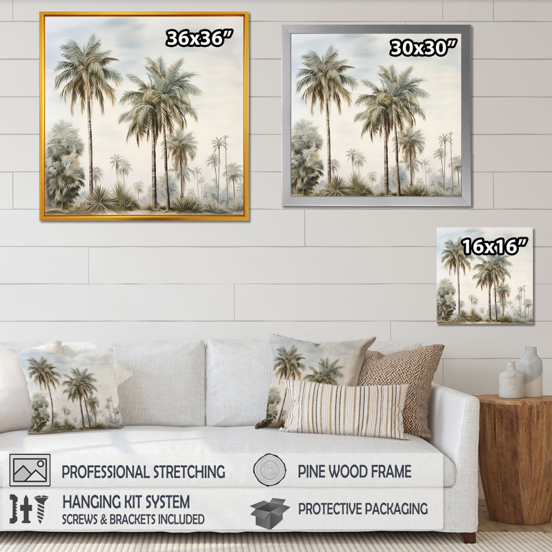 Palmiers sur la plage, impression sur toile, Cadre simple noir, H 36 po x l 36 po x P 1,5 po