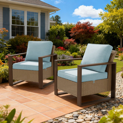 Ensemble de chaises de patio en osier 2 pièces, ensemble de chaises d'extérieur avec coussins amovibles et accoudoirs en métal d'aspect bois pour le jardin, la cour, le porche et la terrasse