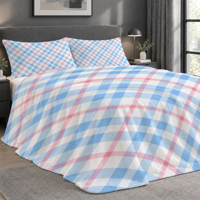 Ensemble de couverture en flanelle légère de qualité supérieure et 2 taies décoratives avec carreaux vichy pastel bleu et rose, ensemble de literie confortable pour toutes saisons, 60 po x 80 po + 2 taies d'oreiller anti-boulochage et lavables à la machine (ensemble de 3)