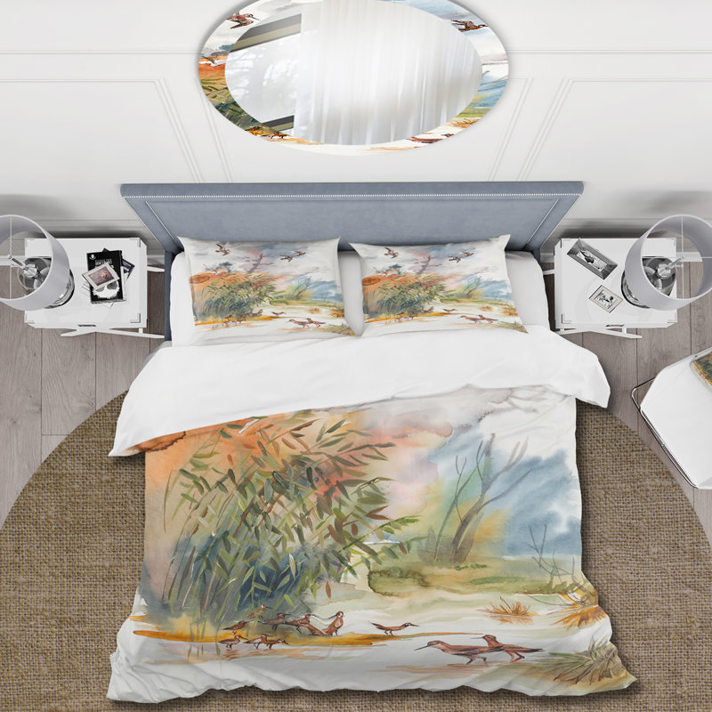 Paysage d'automne avec survol de l'eau - Ensemble de housse de couette traditionnel - Microfibre de polyester