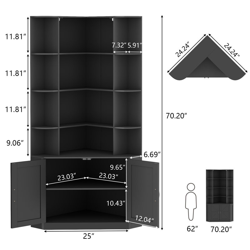 6 Tier Bookshelf With Doors, Corner Bookcase With Storage Cabinet, L-shaped Book Shelf With 8 Open Racks, Farmhouse Etagere Bookshelf With Full Baffle For Living Room, Black